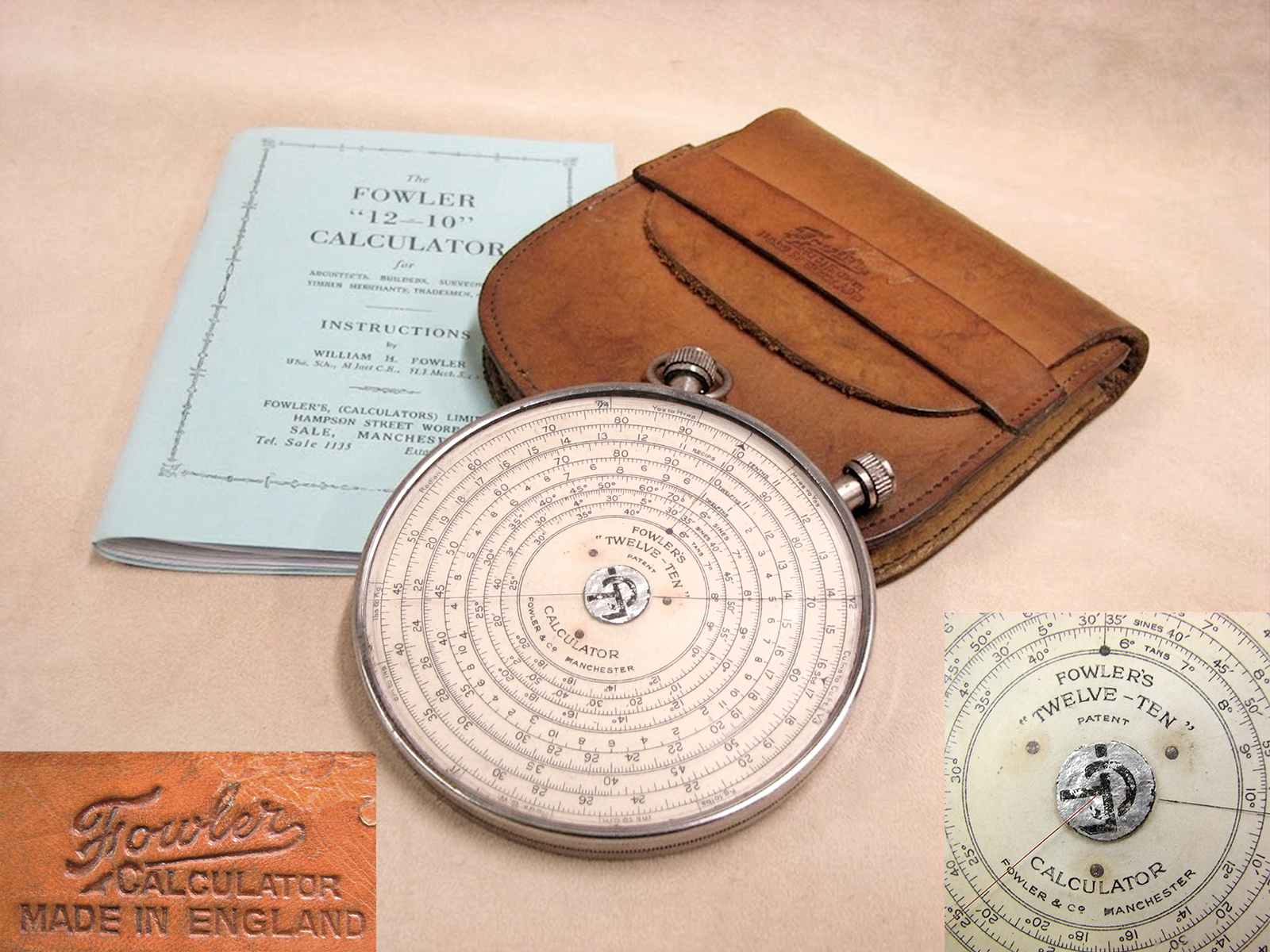 Fowlers Twelve Ten architects circular slide rule and calculator